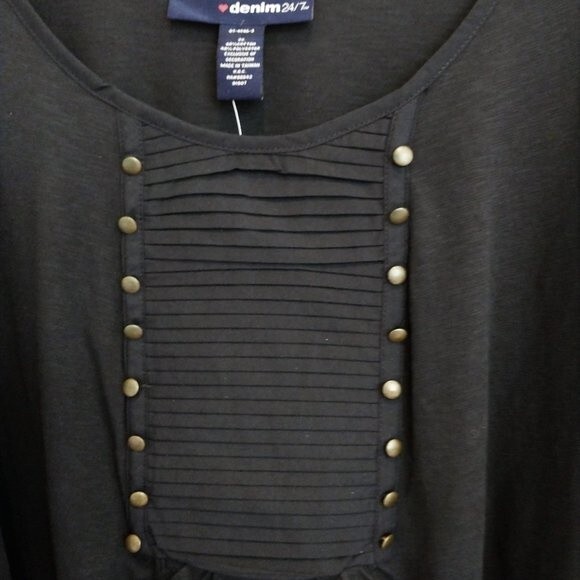 New Denim 24/7 Black Tunic Top Pleated Stud Front 3/4 Sleeves Cotton Blend - Picture 3 of 7